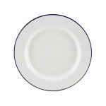 WHITE ENAMEL WIDE RIM PLATE WITH BLUE RIM 26CM