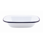WHITE ENAMEL RECTANG PIE DISH WITH BLUE RIM 20CM