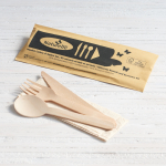 WOODEN MEAL KIT 4IN1 FORK KNIFE,SPOON,KRAFT NAPKIN