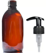 300ML AMBER PLASTIC MEDI BOTTLE WITH MATTE BLACK PUMP