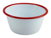 GENWARE ENAMEL WHITE/RED RIM ROUND DEEP PIE DISH 17.5OZ