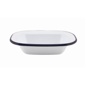 WHITE ENAMEL RECT. PIE DISH WITH BLUE RIM 18X13.5X4CM