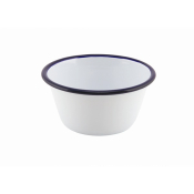 WHITE ENAMEL ROUND DEEP DISH WITH BLUE RIM 12CM
