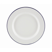 WHITE ENAMEL WIDE RIM PLATE WITH BLUE RIM 26CM