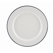 WHITE ENAMEL WIDE RIM PLATE WITH BLUE RIM 24CM X6