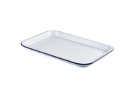 WHITE ENAMEL SERVING TRAY WITH BLUE RIM 38.2X26.4X2.2CM