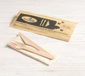 WOODEN MEAL KIT 3IN1 FORK, KNIFE,KRAFT NAPKIN