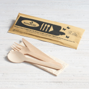 WOODEN MEAL KIT 4IN1 FORK KNIFE,SPOON,KRAFT NAPKIN