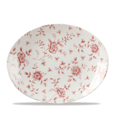 CHURCHILL SUPER VITRIFIED VINTAGE PRINTS CRANBERRY ROSE CHINTZ OVAL PLATE 12.5X10Inch