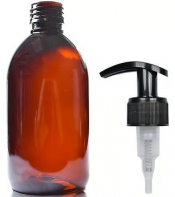 300ML AMBER PLASTIC MEDI BOTTLE WITH MATTE BLACK PUMP