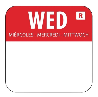 1'' SQUARE FOOD LABEL ROLL RED WEDNESDAY  25X25MM