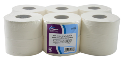PRISTINE MINI JUMBO TOILET ROLL 2PLY 200M 60MM CORE