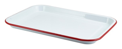 GENWARE ENAMEL WHITE/RED RIM SERVING TRAY 13.2X9.3Inch