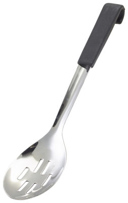 BLACK HANDLED SLOTTED SERVING SPOON 34CM