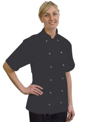 BLACK CHEF JACKET SHORT SLEEVE PRESS STUD SIZE EXTRA SMALL