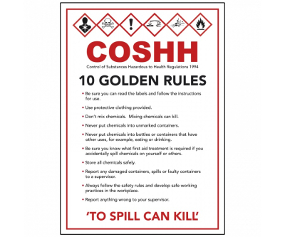 THE 10 GOLDEN RULES OF COSHH SIGN SELF ADHESIVE VINYL