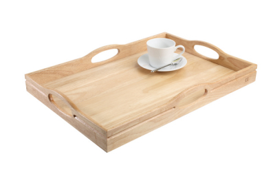 HEVEA WOOD TRAY WITH 4 HANDLES 500X360X65MM