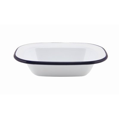 WHITE ENAMEL RECT. PIE DISH WITH BLUE RIM 18X13.5X4CM
