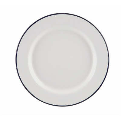 WHITE ENAMEL WIDE RIM PLATE WITH BLUE RIM 20CM