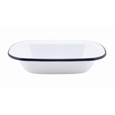 WHITE ENAMEL RECTANG PIE DISH WITH BLUE RIM 20CM